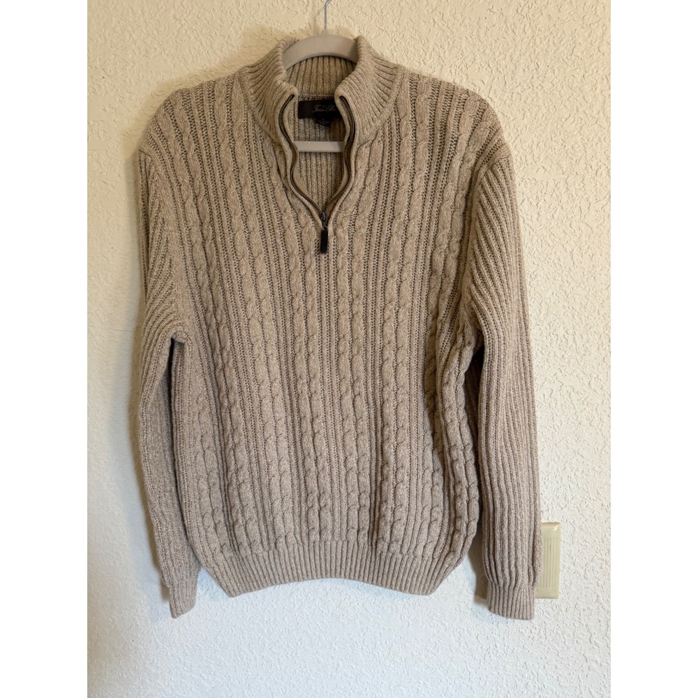 Tasso Elba Mens Beige 100% Cotton Cable Knit Quarter Zip Sweater Mock Neck Large